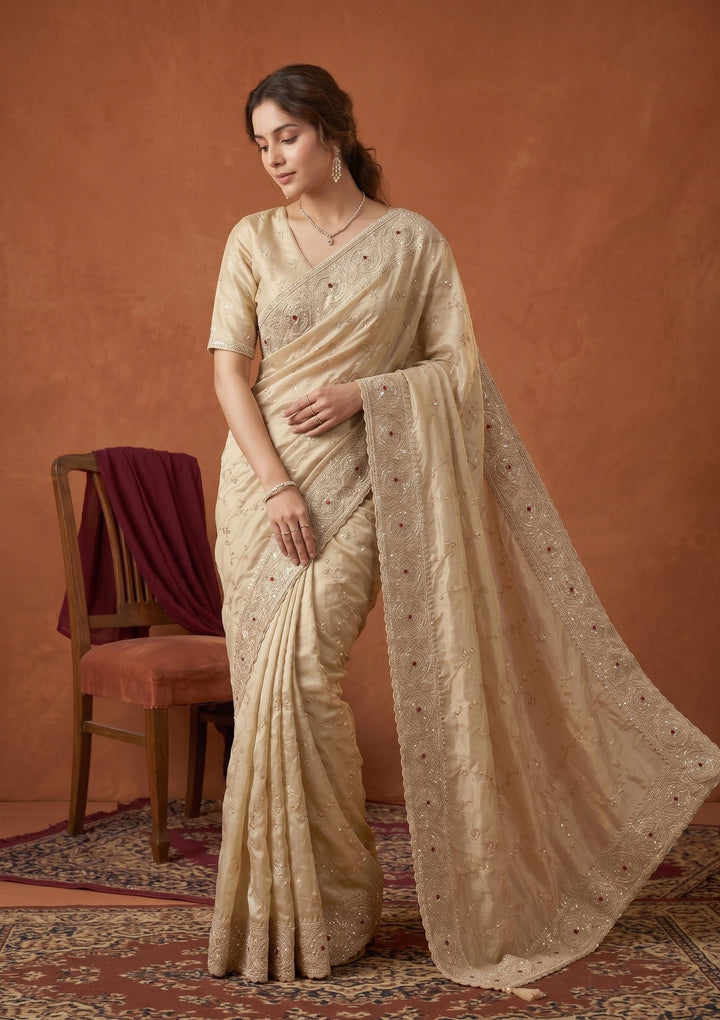 Beige Sequins Tissue Saree