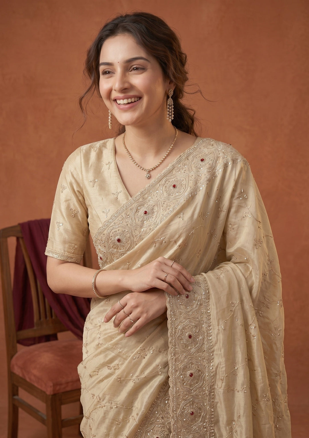 Beige Sequins Tissue Saree