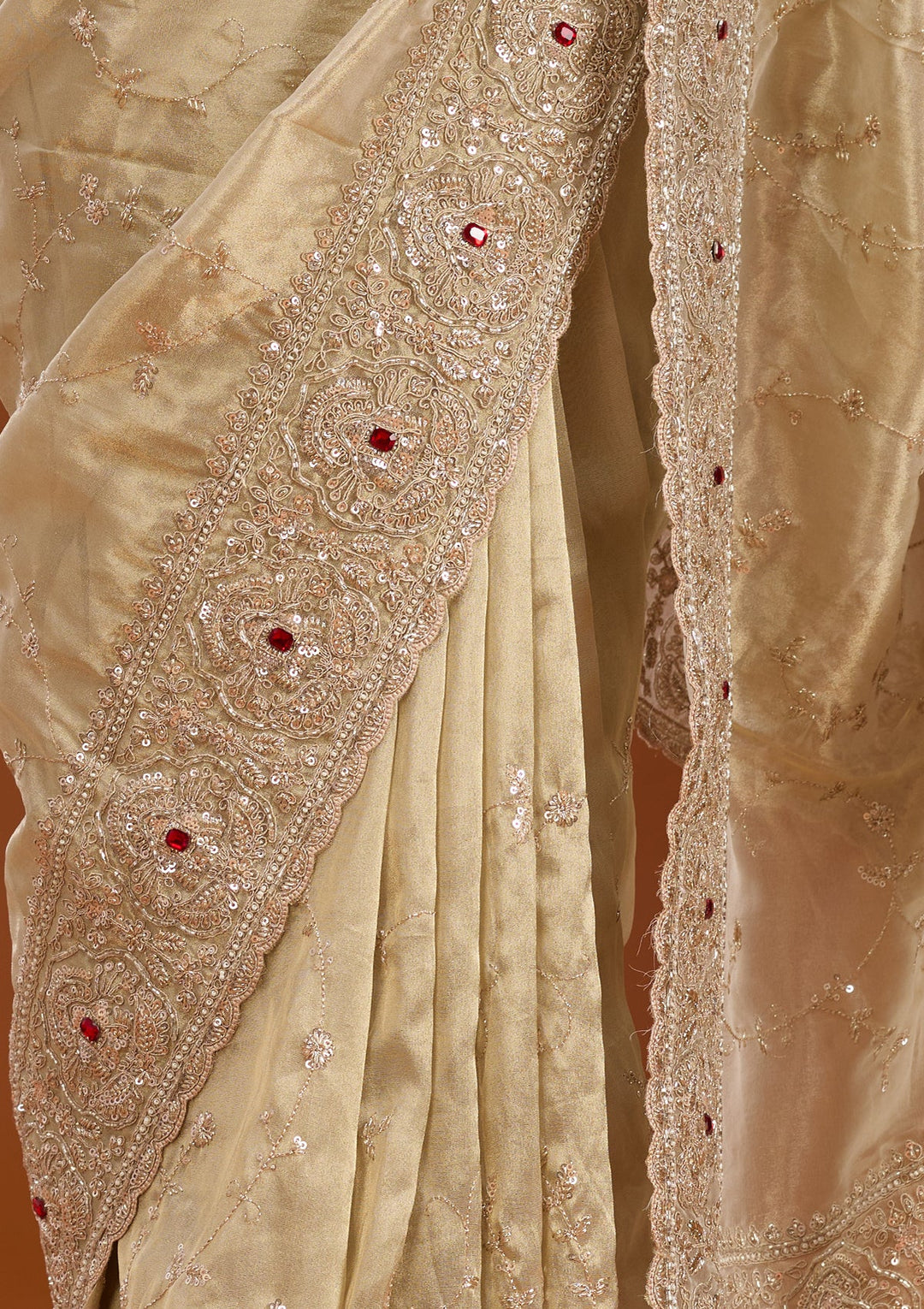 Beige Sequins Tissue Saree