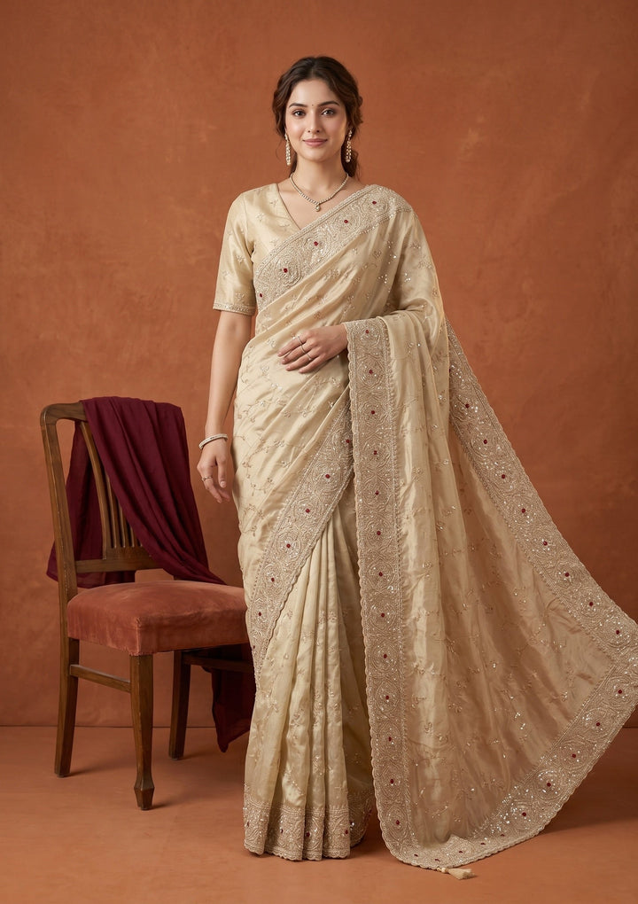 Beige Sequins Tissue Saree