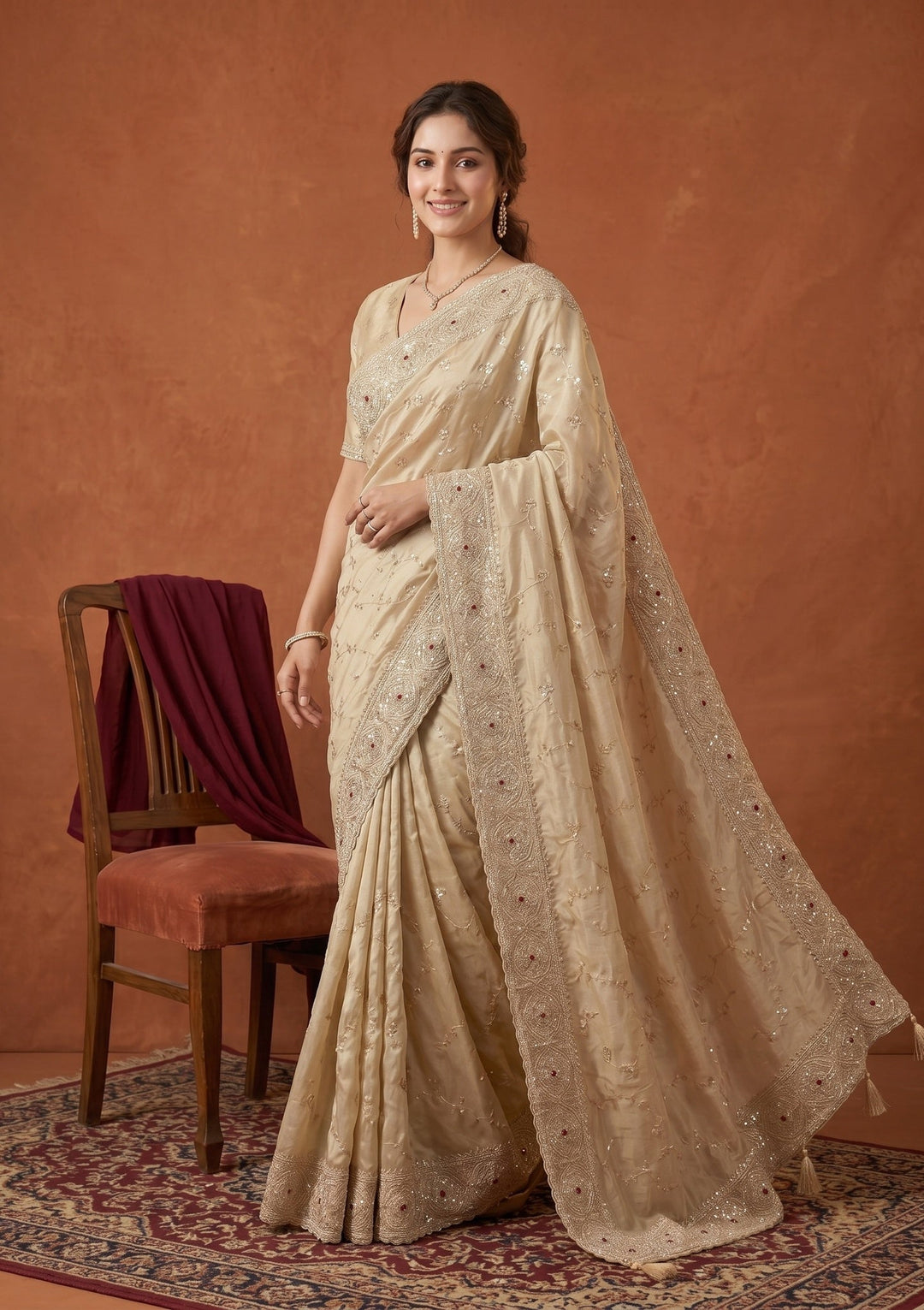 Beige Sequins Tissue Saree