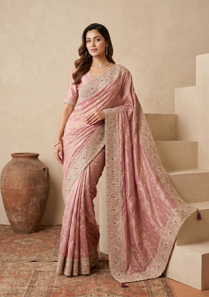 Pink Sequins Tissue Saree