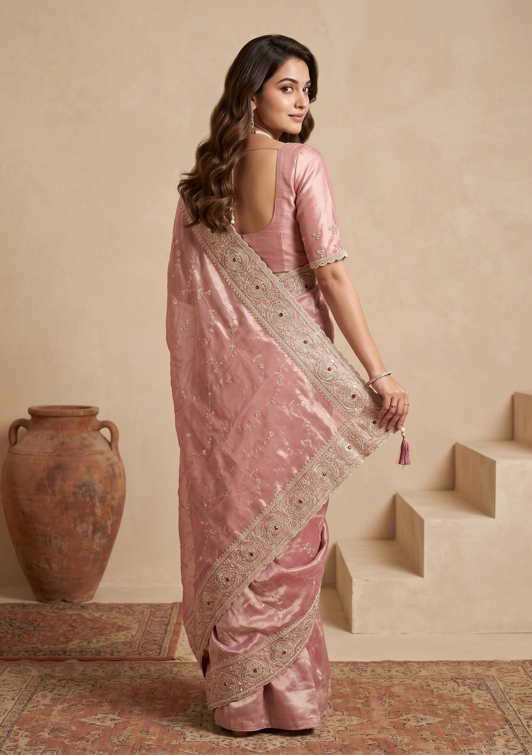 Pink Sequins Tissue Saree