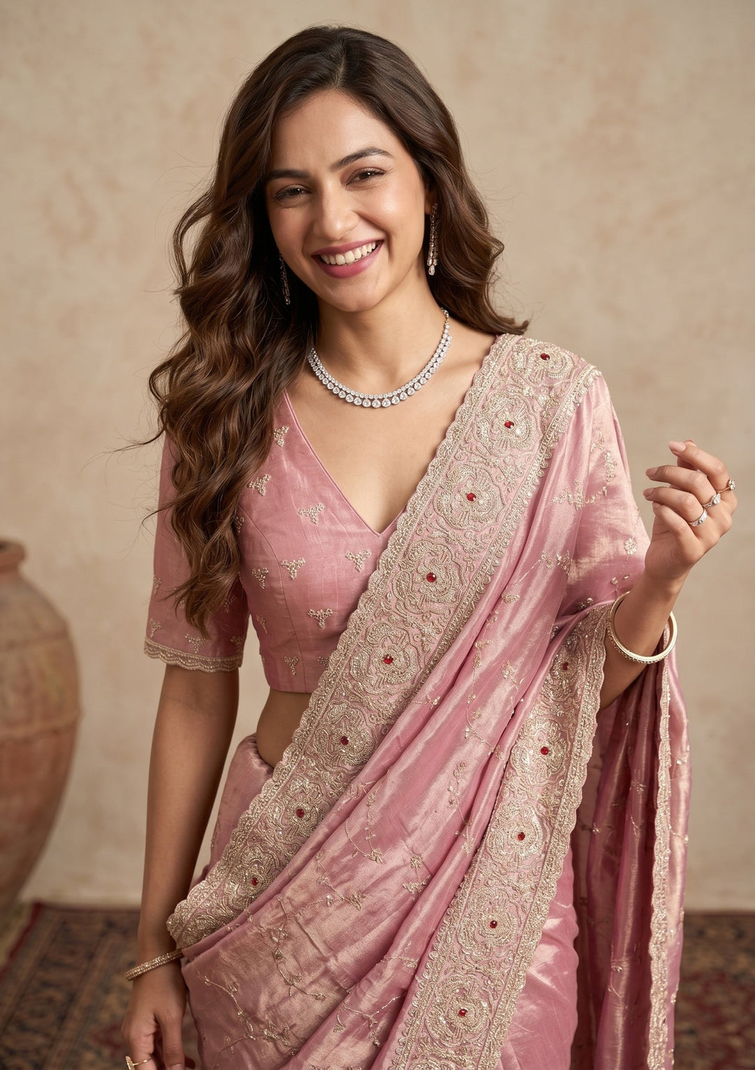 Pink Sequins Tissue Saree