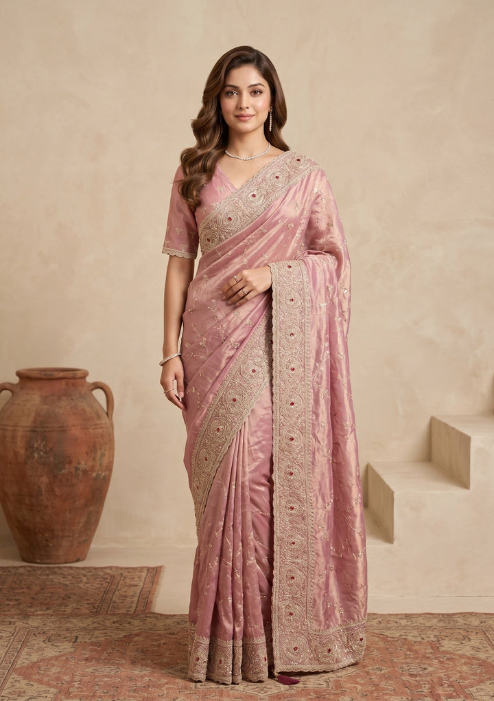 Pink Sequins Tissue Saree