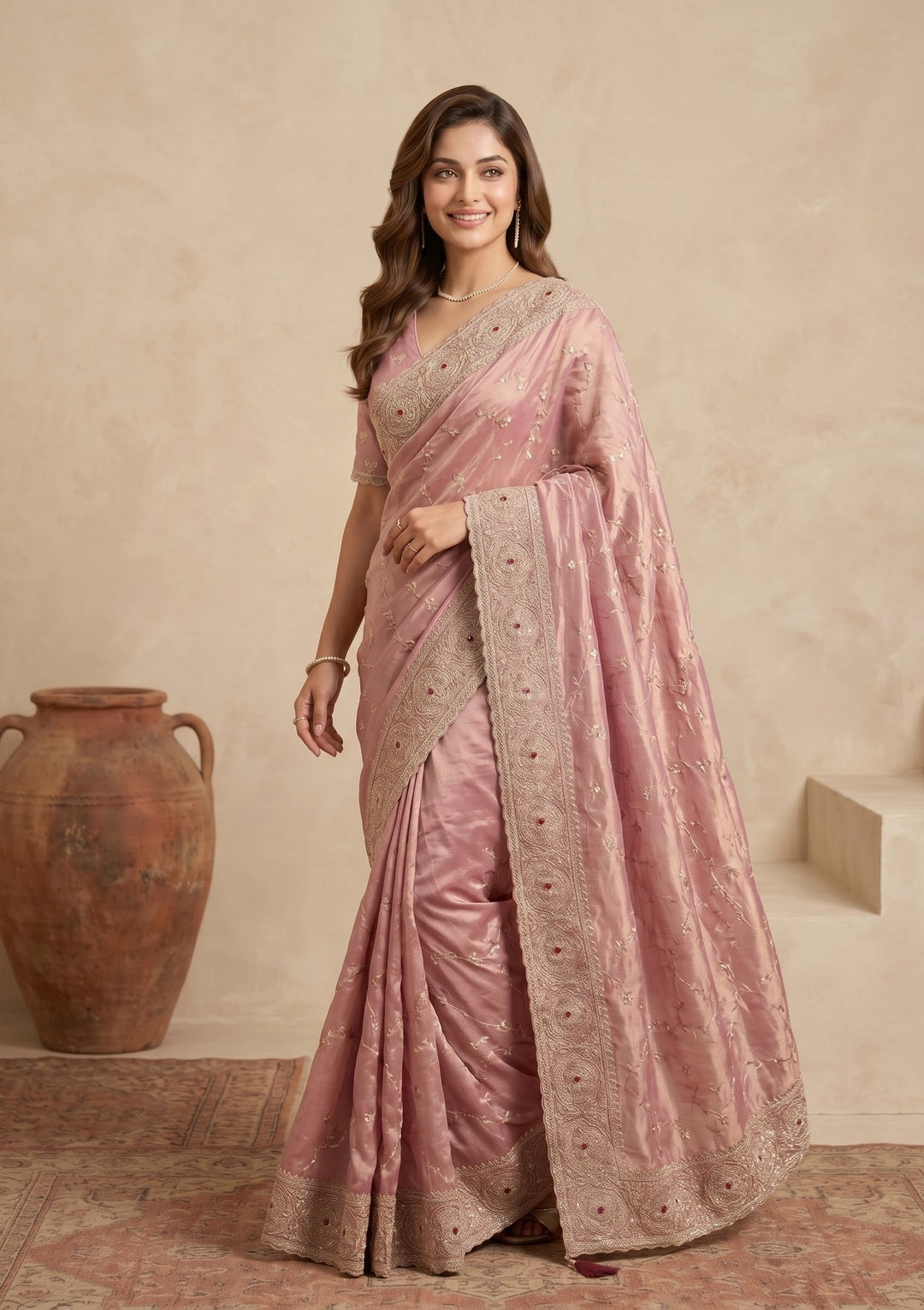 Pink Sequins Tissue Saree