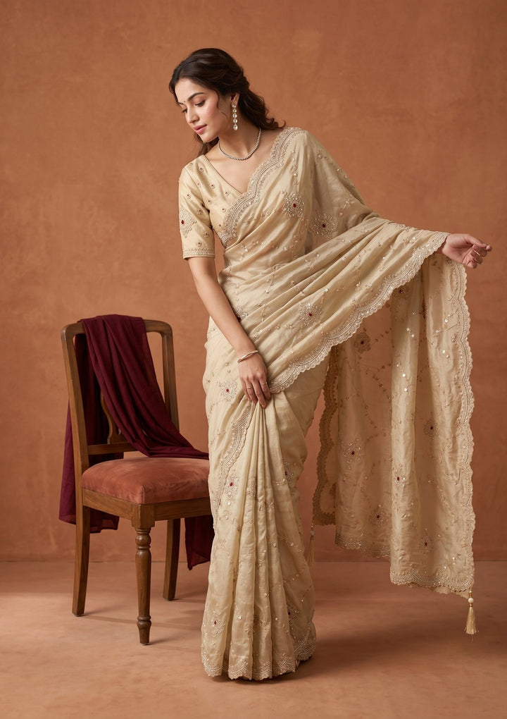 Beige Sequins Tissue Saree