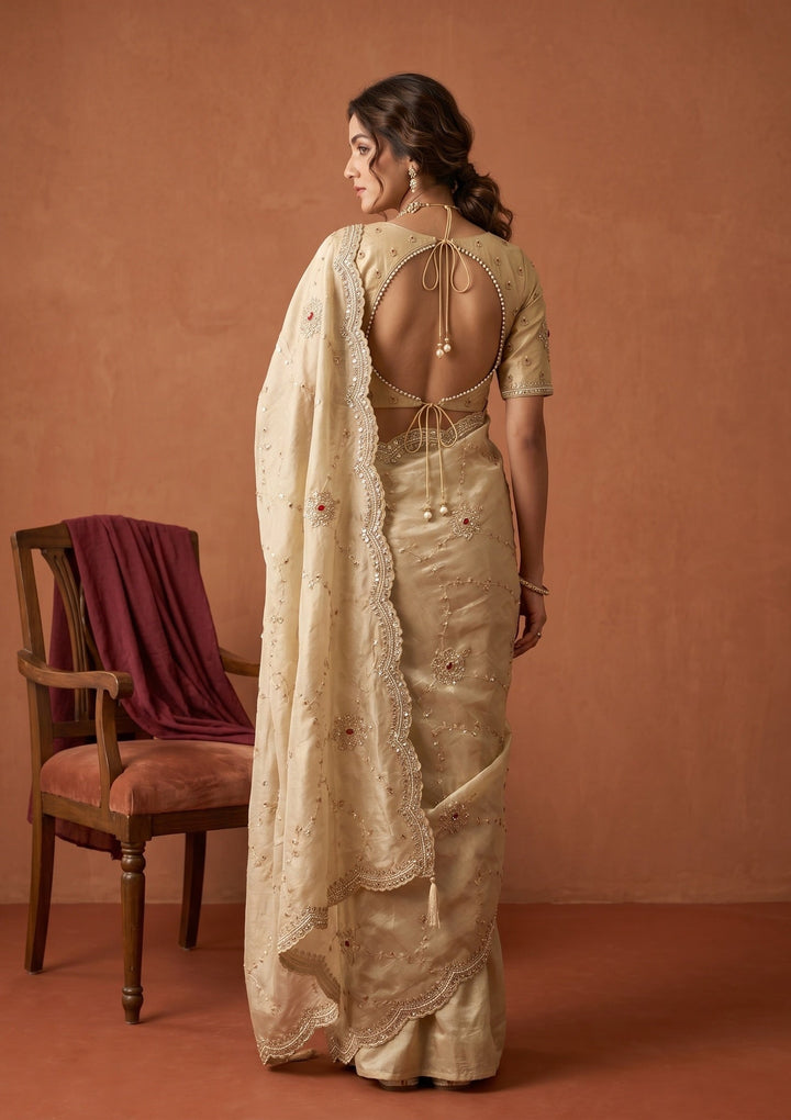 Beige Sequins Tissue Saree