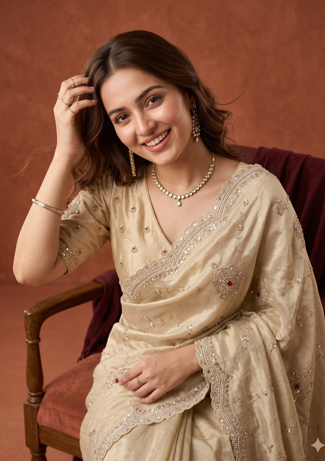 Beige Sequins Tissue Saree
