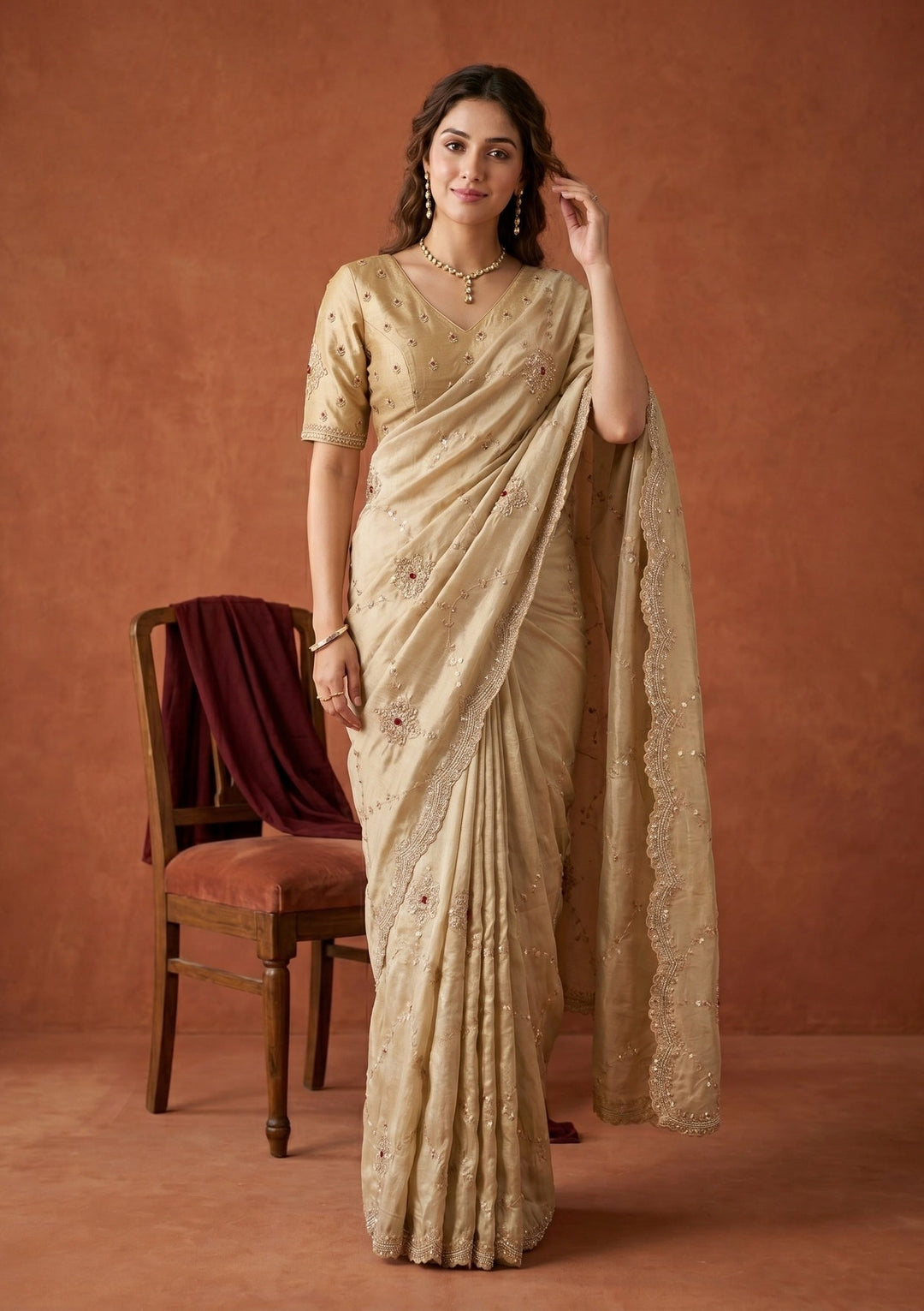 Beige Sequins Tissue Saree
