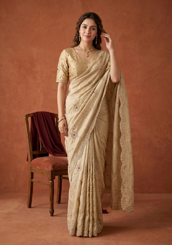 Beige Sequins Tissue Saree