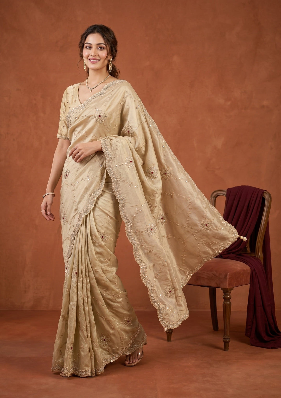 Beige Sequins Tissue Saree