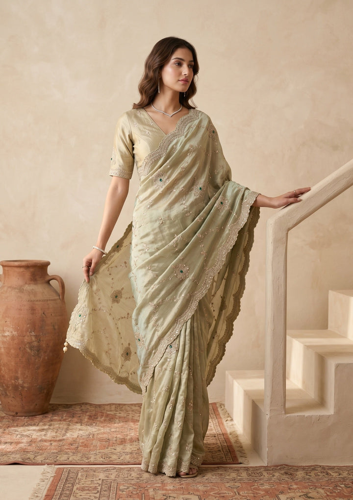 Sea Green Sequins Tissue Saree