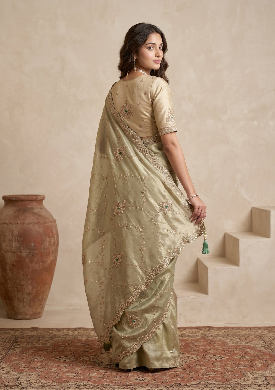 Sea Green Sequins Tissue Saree