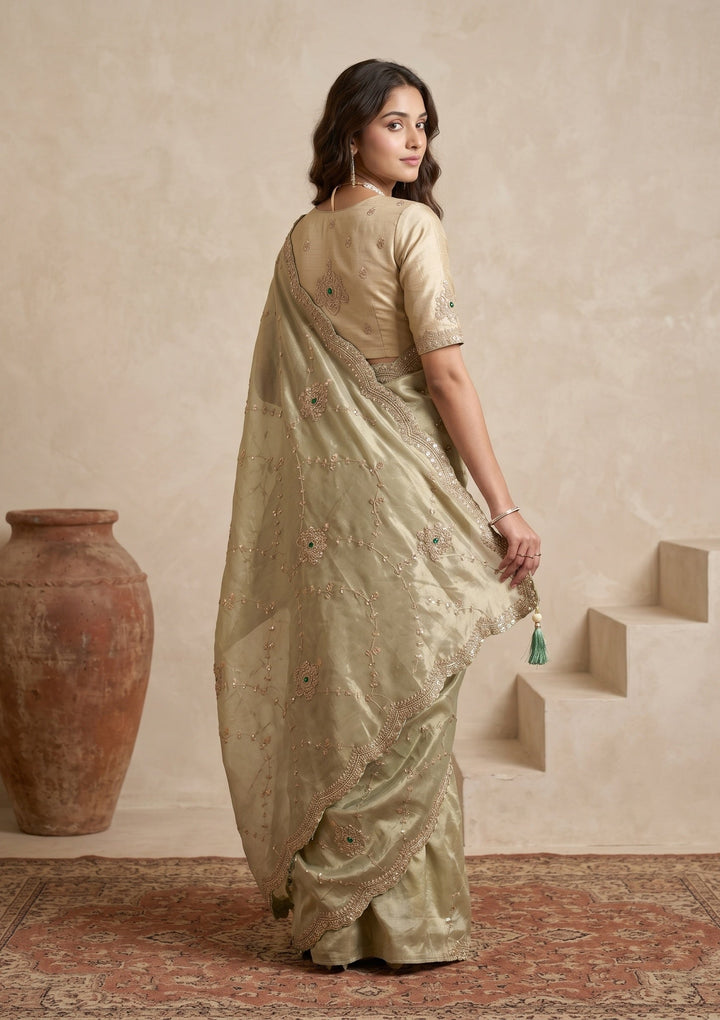 Sea Green Sequins Tissue Saree