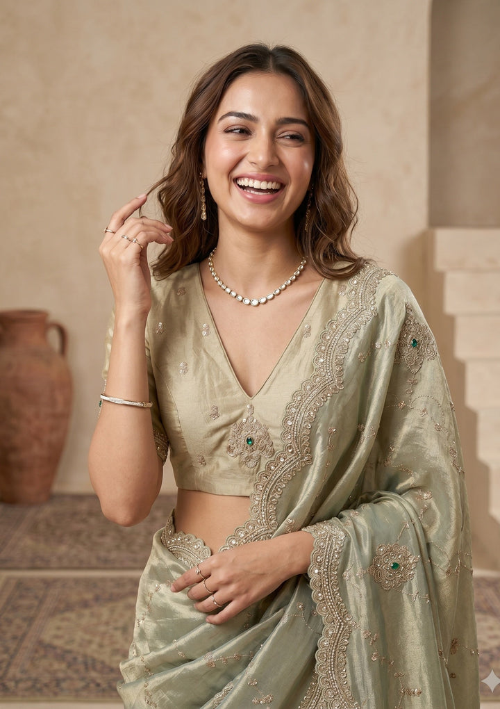 Sea Green Sequins Tissue Saree