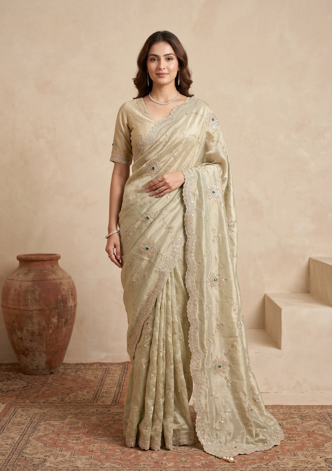 Sea Green Sequins Tissue Saree