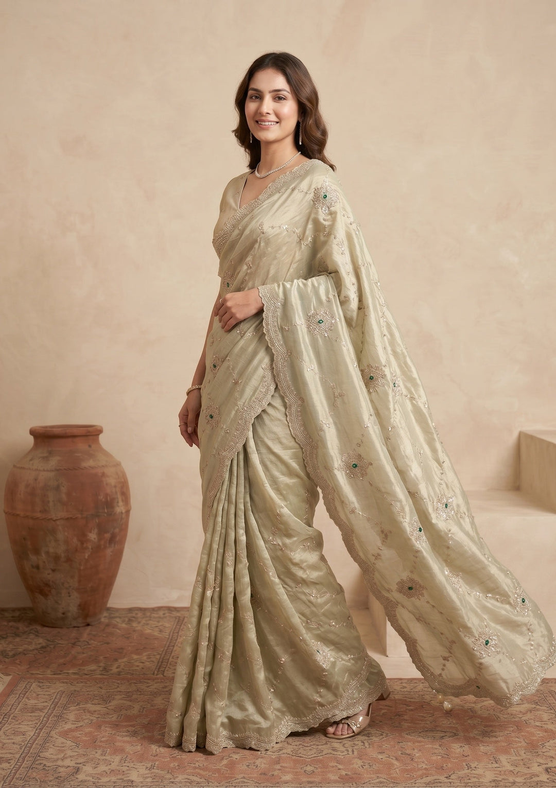 Sea Green Sequins Tissue Saree