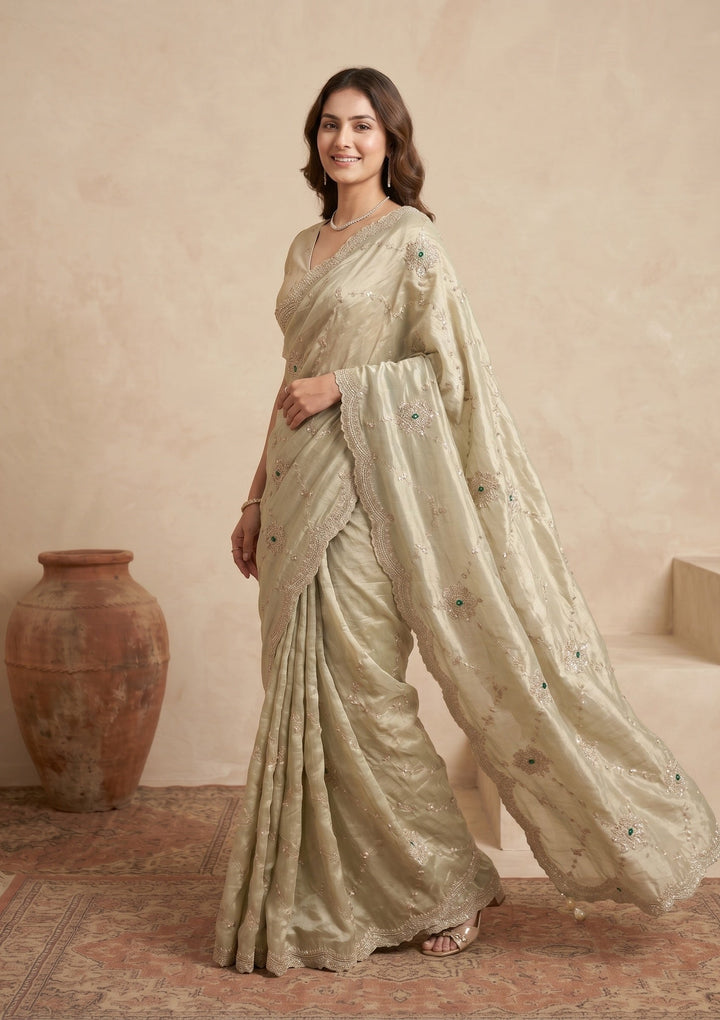 Sea Green Sequins Tissue Saree