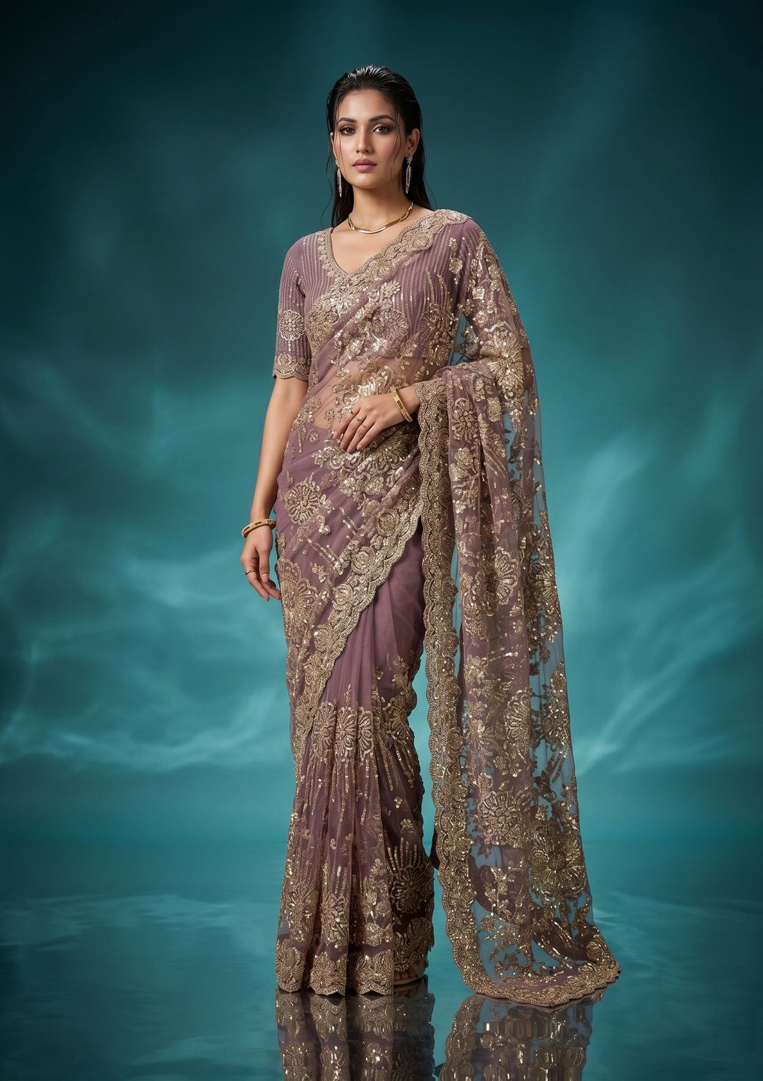 Mauve Net Sequins Saree With Matching Blouse Piece