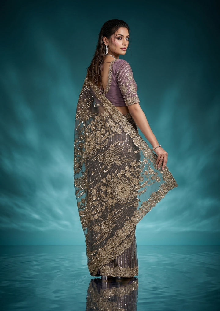 Mauve Net Sequins Saree With Matching Blouse Piece