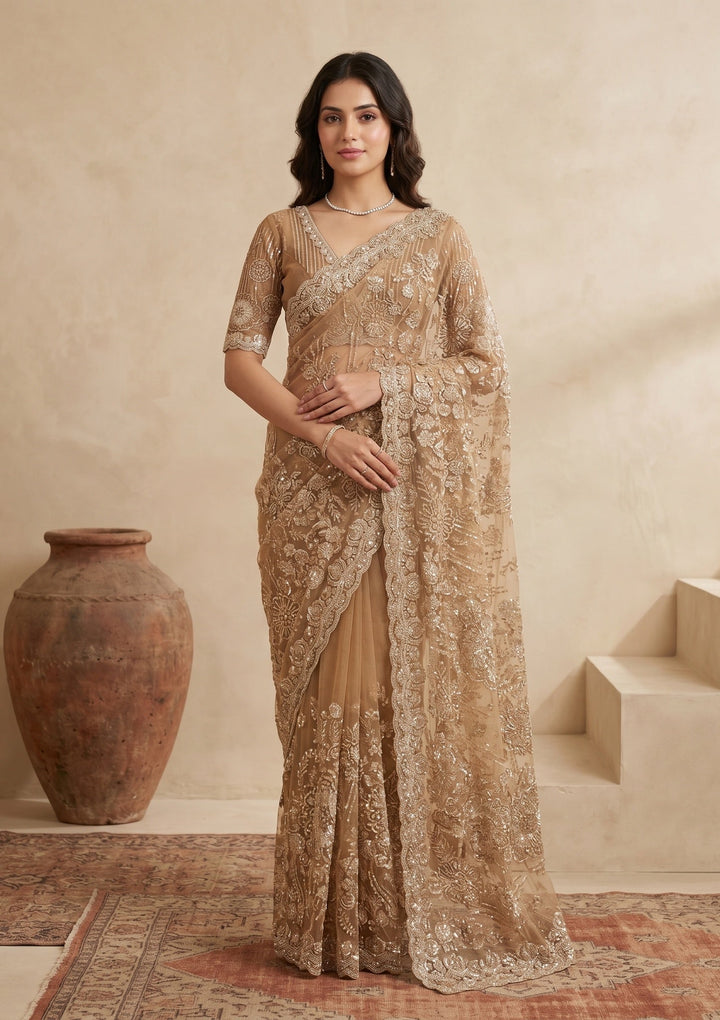 Mustard Sequins Net Saree