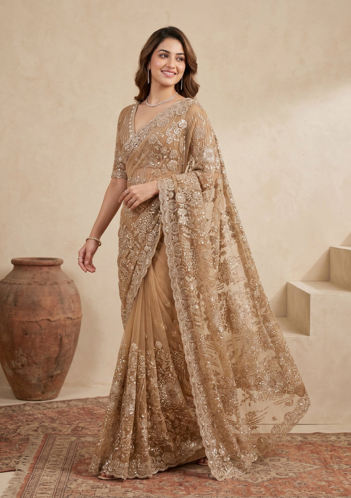 Mustard Sequins Net Saree