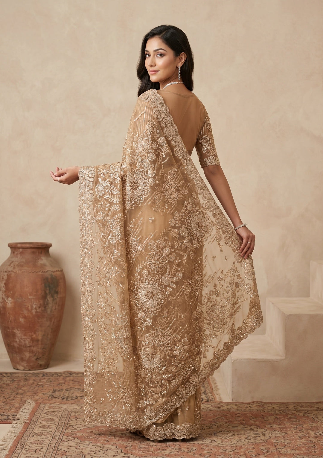 Mustard Sequins Net Saree
