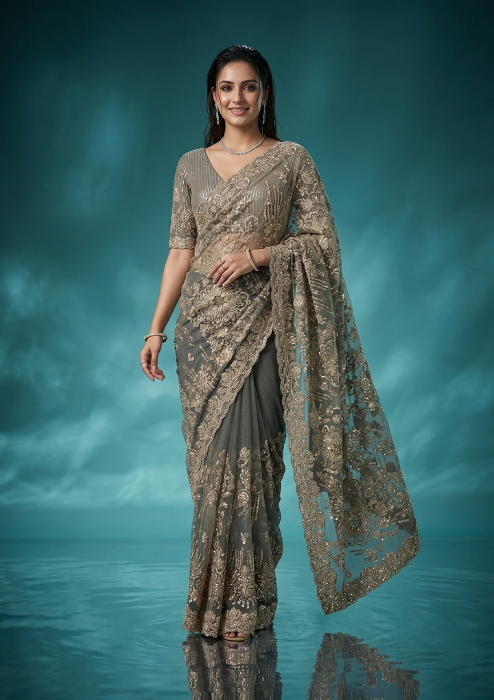 Sea Green Net Sequins Saree With Matching Blouse Piece