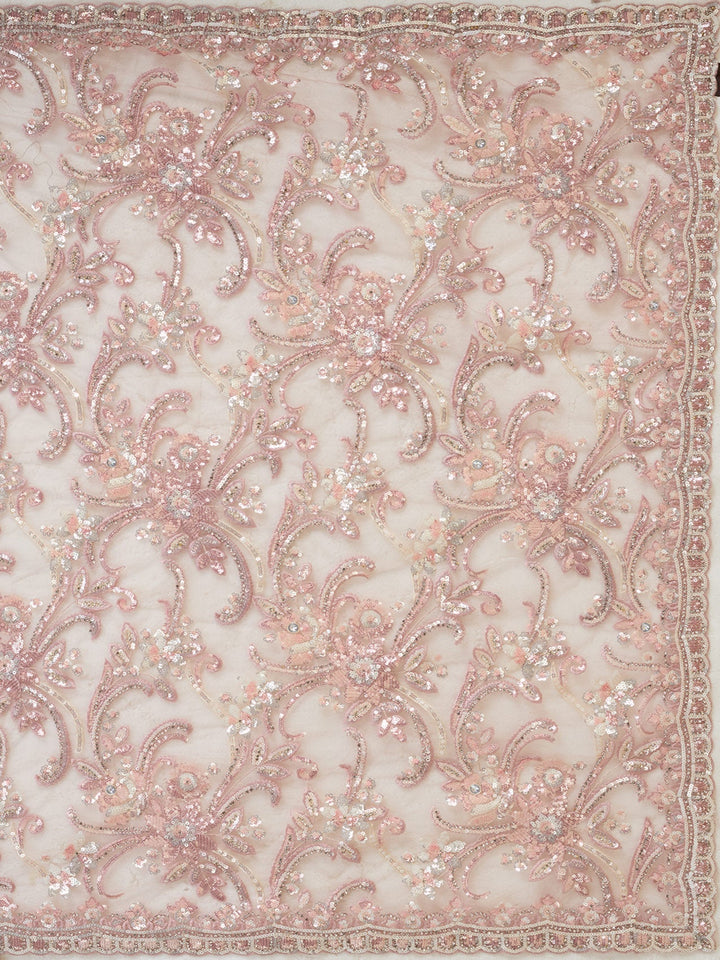 Baby Pink Net Sequins Saree With Matching Blouse Piece