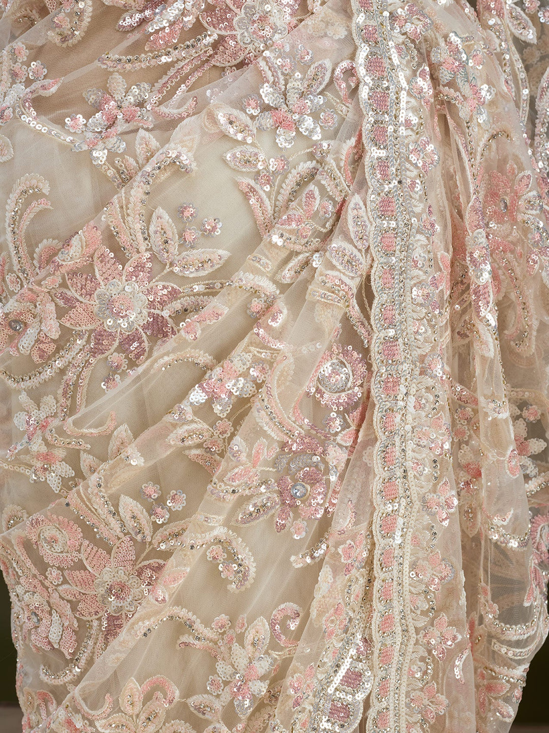 Cream Net Sequins Saree With Matching Blouse Piece