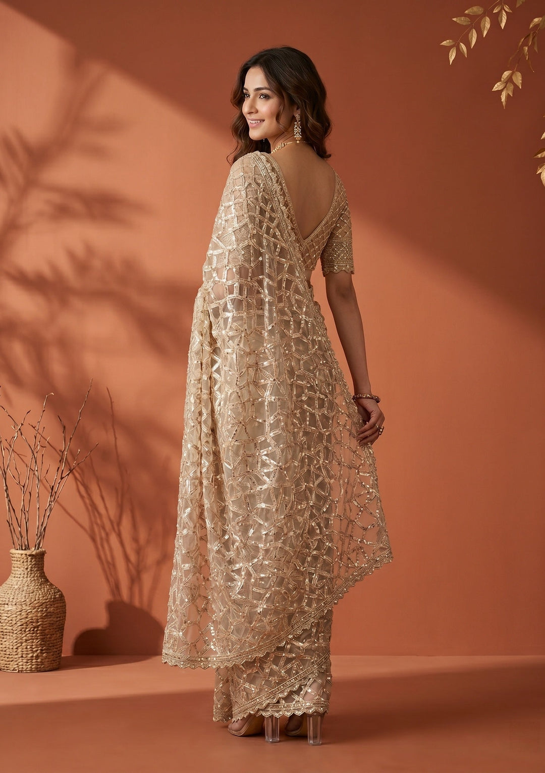 Off White Net Sequins Saree With Matching Blouse Piece