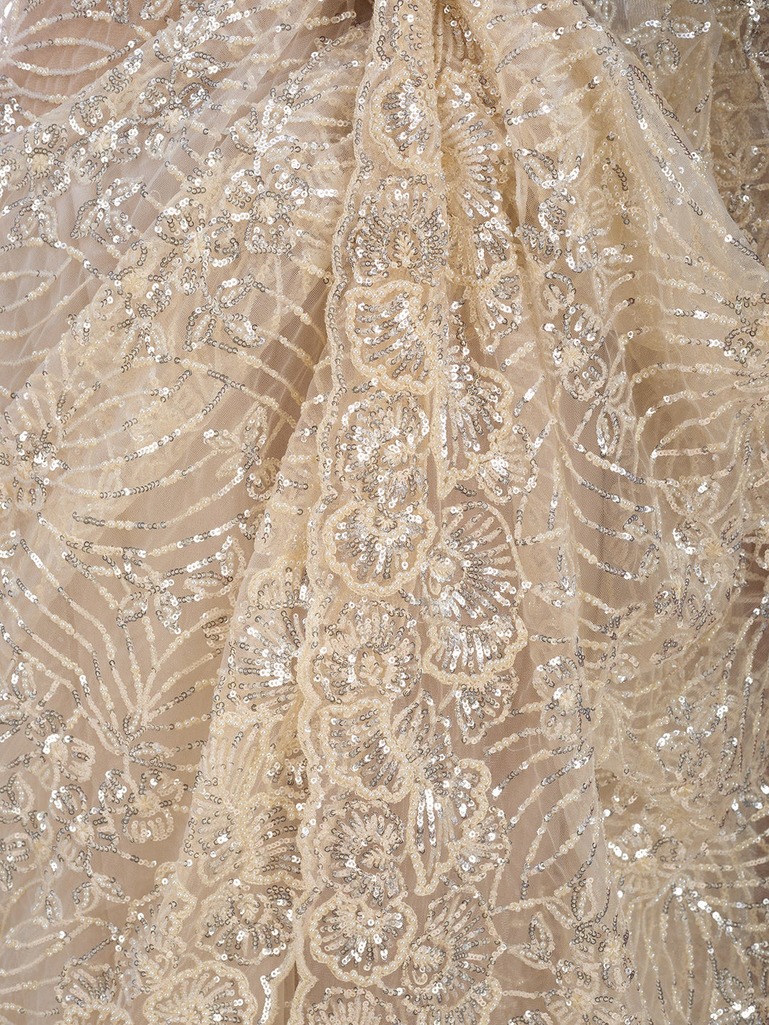 Cream Net Sequins Saree With Matching Blouse Piece