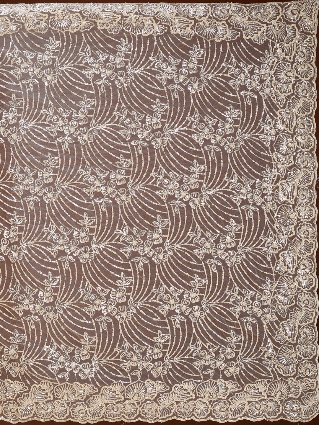 Cream Net Sequins Saree With Matching Blouse Piece