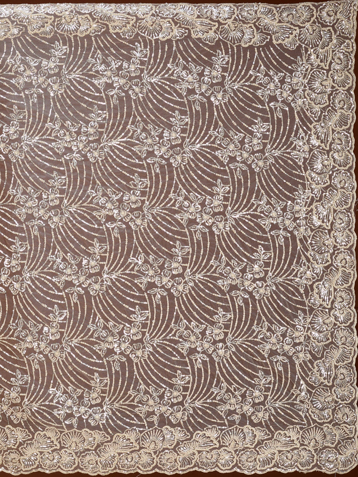 Cream Net Sequins Saree With Matching Blouse Piece
