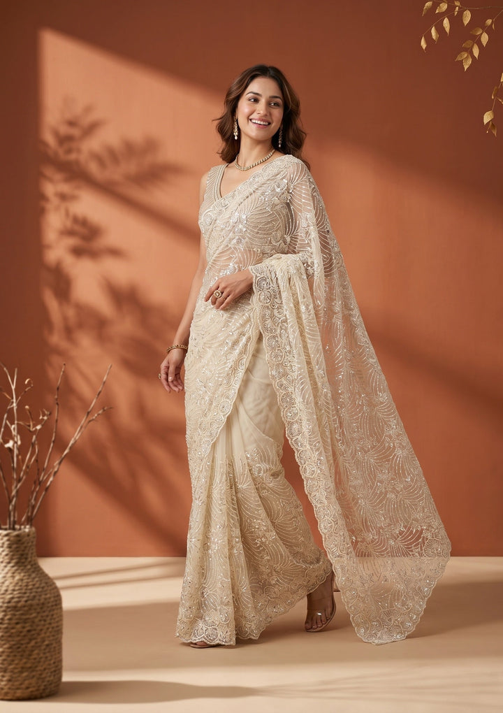 Cream Net Sequins Saree With Matching Blouse Piece