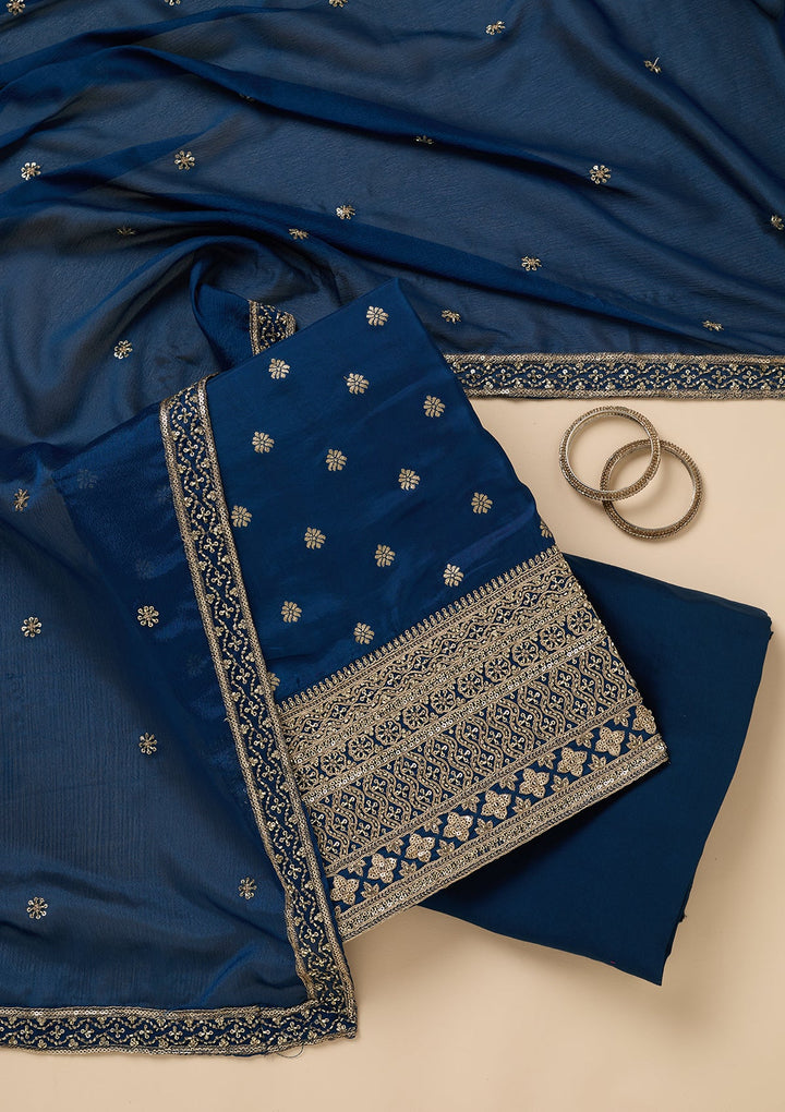 Peacock Blue Zariwork (Gold) Dola Silk Unstitched Salwar Suit
