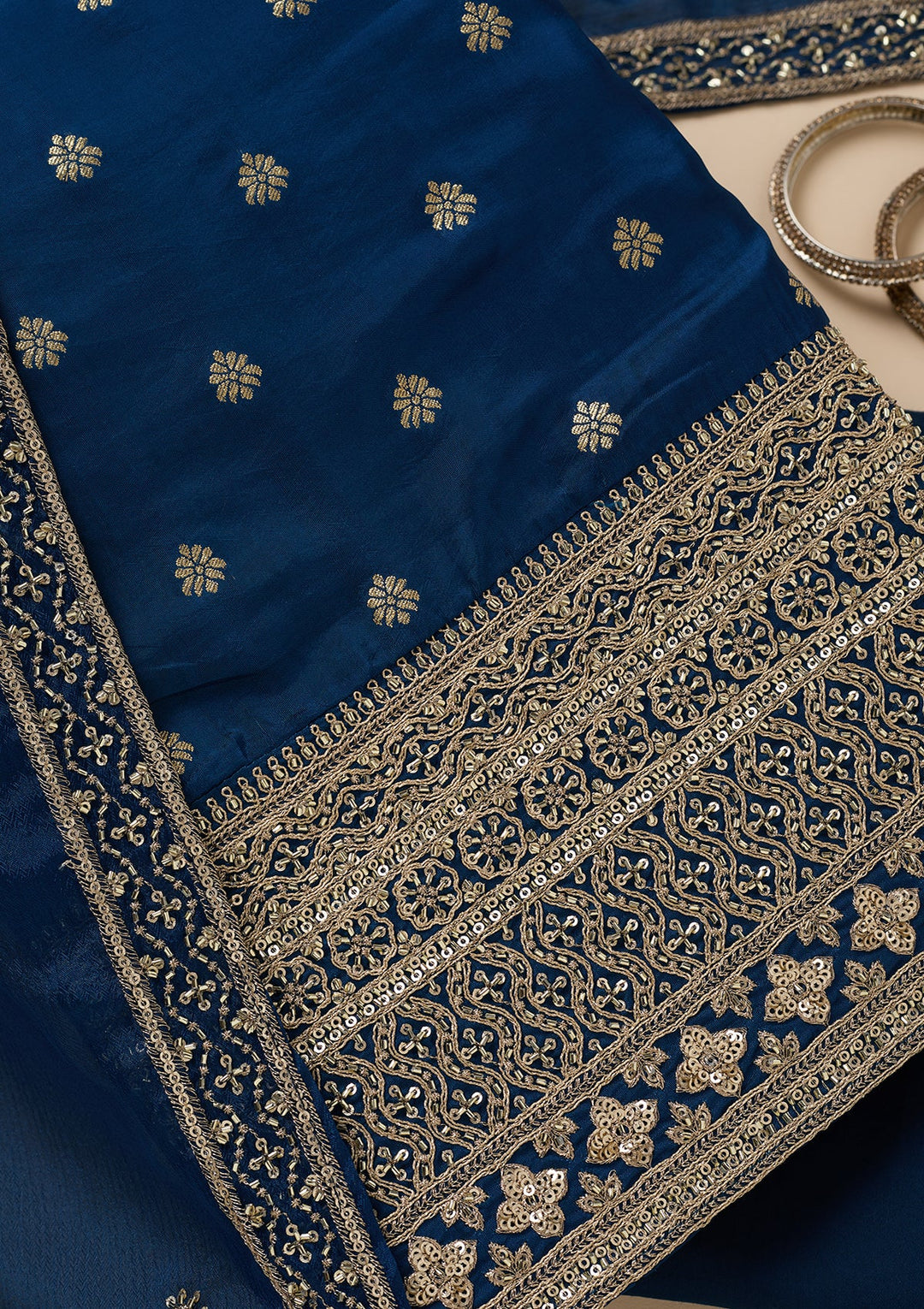 Peacock Blue Zariwork (Gold) Dola Silk Unstitched Salwar Suit