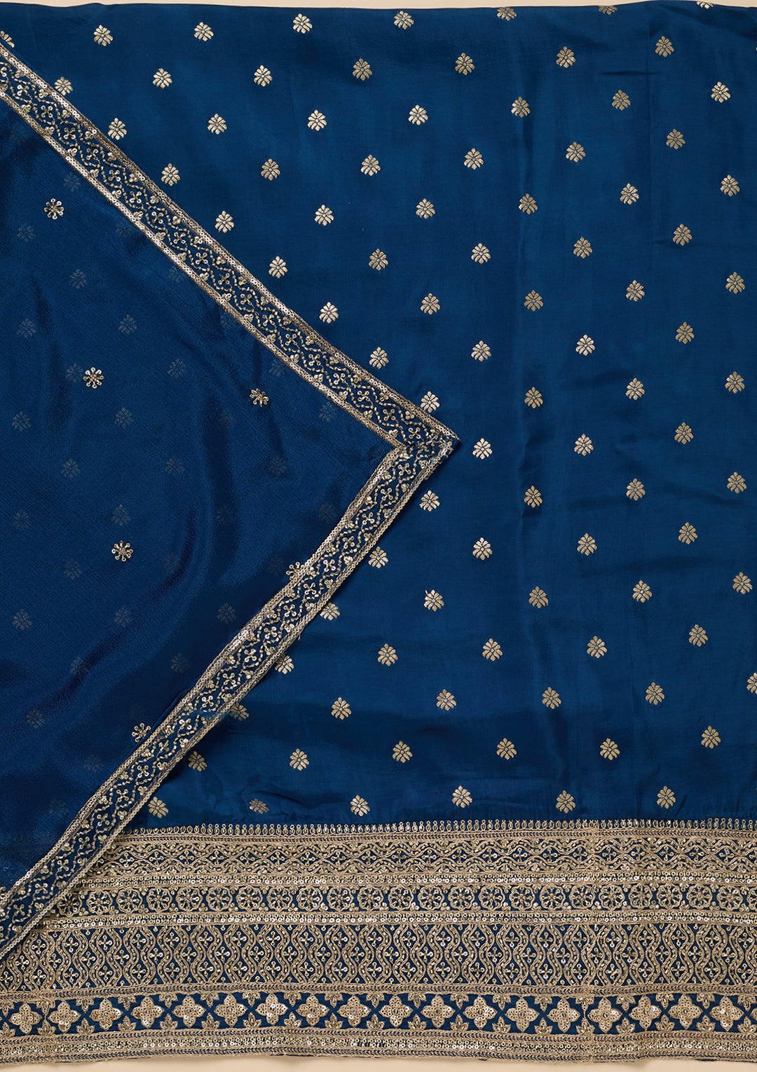 Peacock Blue Zariwork (Gold) Dola Silk Unstitched Salwar Suit