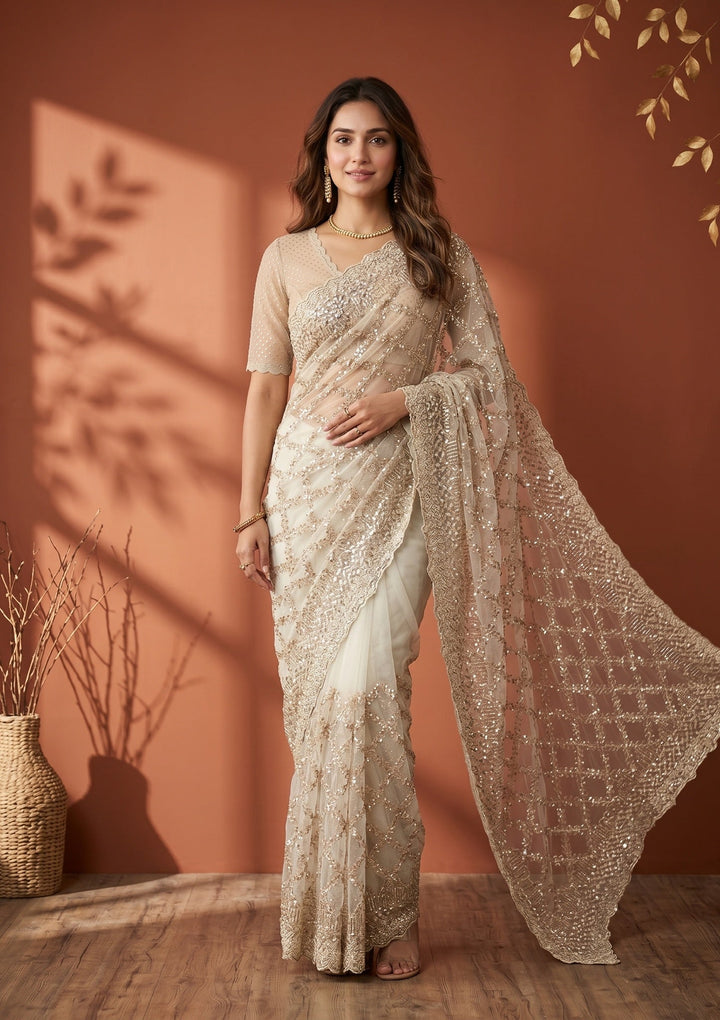 Off White Net Sequins Saree With Matching Blouse Piece
