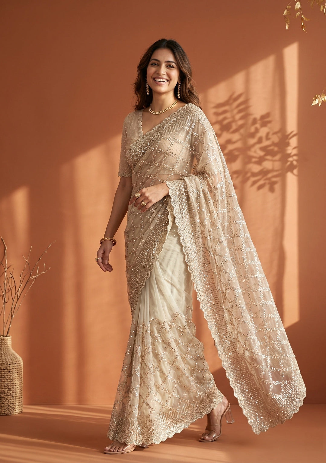 Off White Net Sequins Saree With Matching Blouse Piece