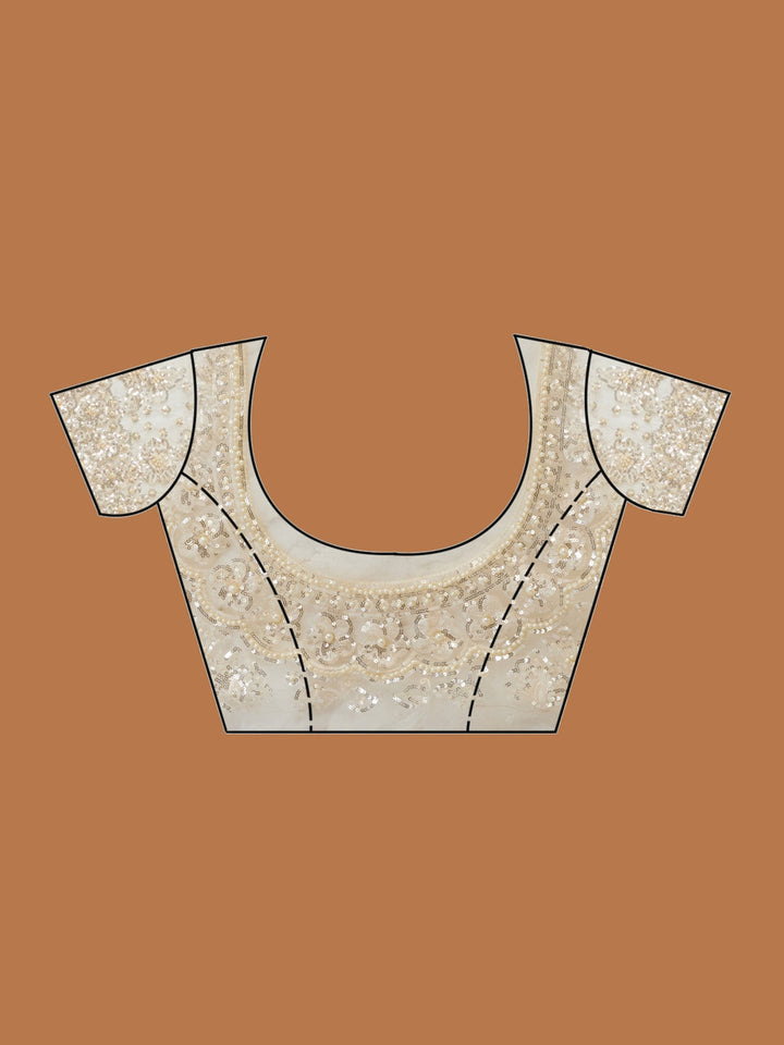 Cream Net Threadwork Saree With Matching Blouse Piece