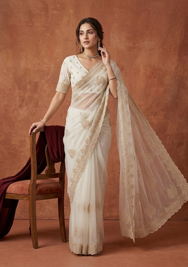 Off White Stonework (Gold) Tissue Saree