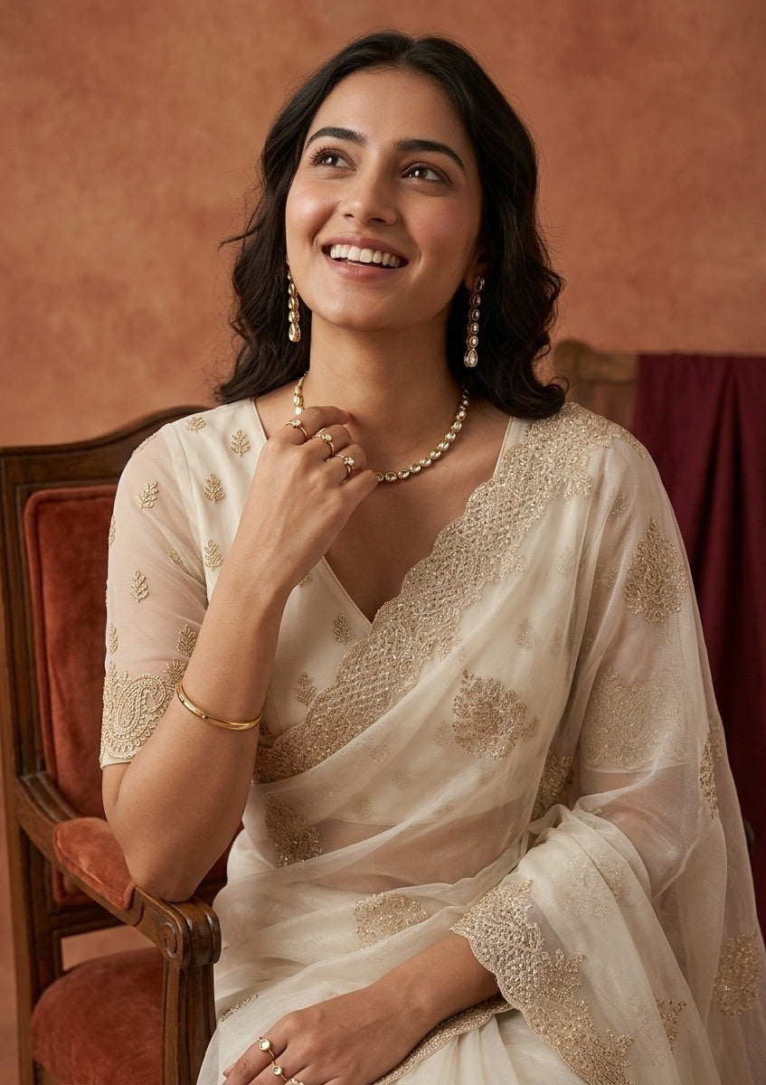 Off White Stonework (Gold) Tissue Saree