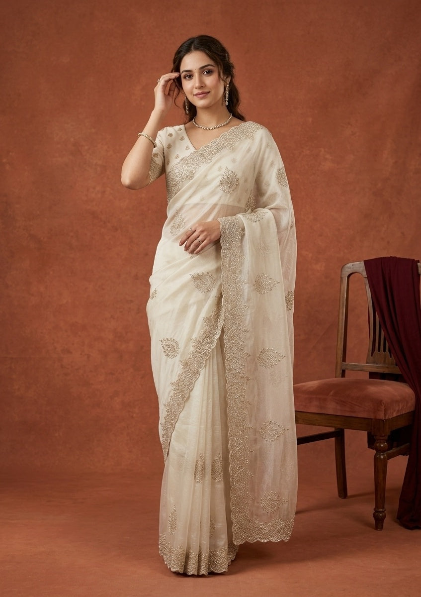 Off White Stonework (Gold) Tissue Saree