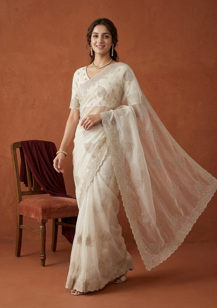 Off White Stonework (Gold) Tissue Saree
