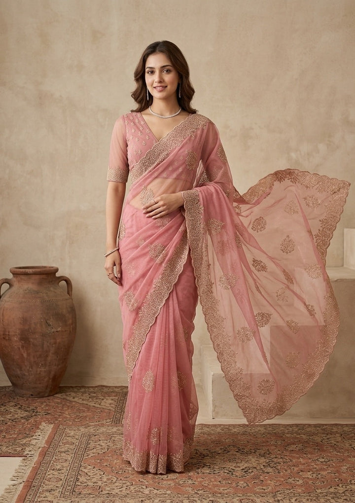 Onion Pink Stonework (Gold) Tissue Saree