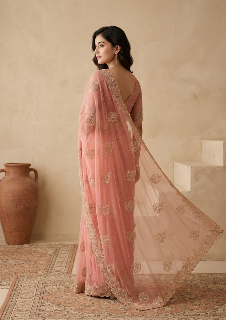 Onion Pink Stonework (Gold) Tissue Saree