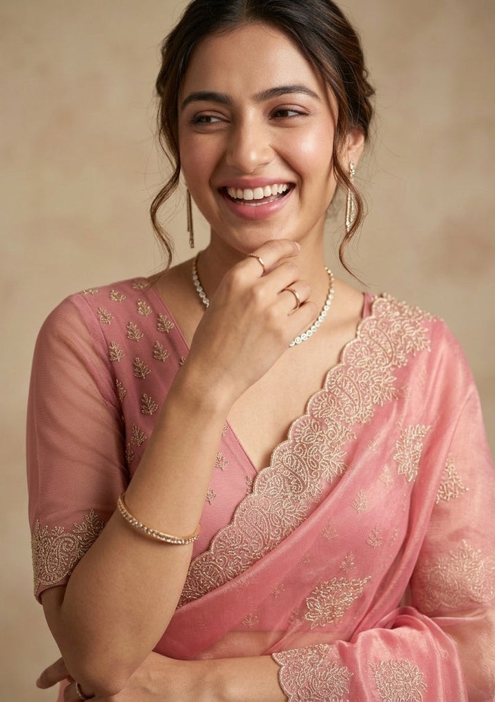 Onion Pink Stonework (Gold) Tissue Saree
