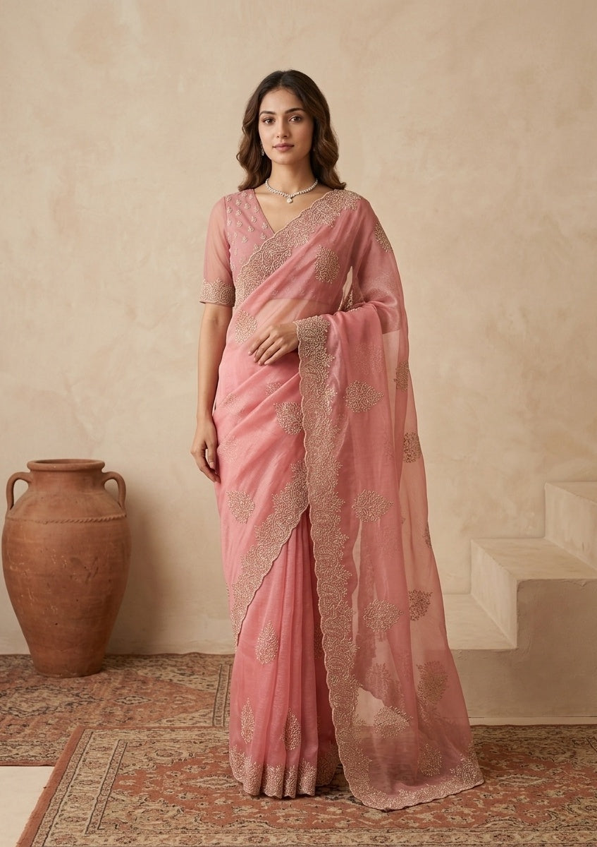 Onion Pink Stonework (Gold) Tissue Saree